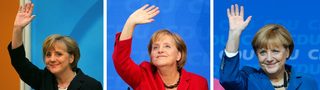 A combination of pictures shows leader of CDU Merkel as she waves to supporters after first exit polls in the German general elections in Berlin in 2005, 2009 and 2013