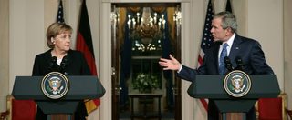 U.S. President Bush and Chancellor Merkel speak at the White House in Washington