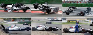 A combination of six pictures shows Williams Formula One driver Massa of Brazil crashing with his car in the first corner after the start of the German F1 Grand Prix at the Hockenheim racing circuit