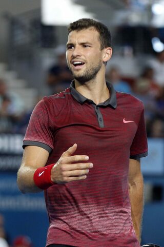 Dimitrov of Bulgaria reacts after losing a game during his men's singles semi final loss to Federer of Switzerland at the Brisbane International tennis tournament in Brisbane