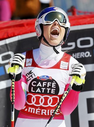 Vonn of the U.S. reacts in the arrival area in the women's downhill race at the Alpine Skiing World Cup Finals in Meribel