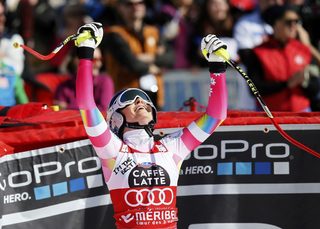 Vonn of the U.S. reacts in the arrival area in the women's downhill race at the Alpine Skiing World Cup Finals in Meribel