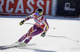 Jansrud of Norway brakes in the arrival area in the men's downhill race at the Alpine Skiing World Cup Finals in Meribel