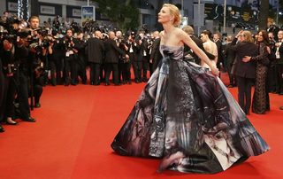 Cast member Cate Blanchett poses on the red carpet as she leaves after the screening of the film "Carol" in competition at the 68th Cannes Film Festival in Cannes