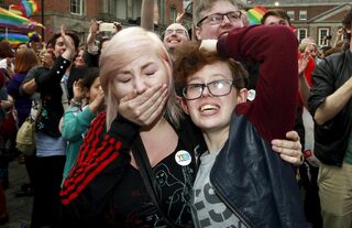 People react as Ireland voted in favour of allowing same-sex marriage in a historic referendum, in Dublin