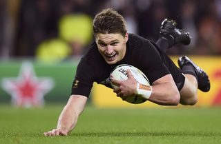 Beauden Barrett of New Zealand scores a try during their Rugby World Cup final match against Australia at Twickenham in London