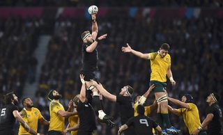 Kieran Read of New Zealand jumps for the ball during their Rugby World Cup final match against Australia at Twickenham in London