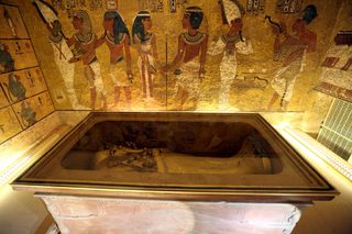 The golden sarcophagus of King Tutankhamun in his burial chamber is seen in the Valley of the Kings, in Luxor