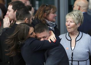 Relatives react after the jury delivered its verdict at the new inquests into the Hillsborough disaster, in Warrington, Britain
