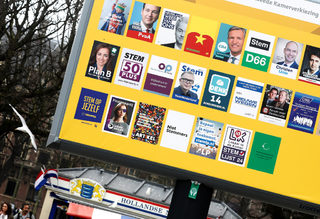 An election poster is seen outside the Dutch parliament in The Hague