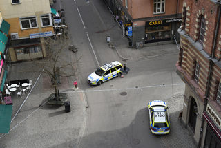 A view of the street near the site were a truck was driving into a crowd in central Stockholm