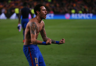 Barcelona's Neymar celebrates after the game