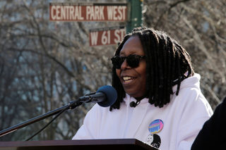 Goldberg speaks to demonstrators as they take part in the Women's March in Manhattan in New York City, New York