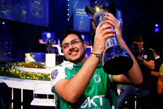 Mosaad 'MSDossary' Aldossary of Saudia Arabia celebrates after defeating Stefano 'Pinna' Pinna of Belgium in the Final of the FIFA eWorld Cup 2018 at The O2 Arena in London