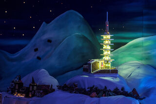 A gingerbread miniature of the Ulriken TV tower is displayed at the traditional gingerbread town exhibition in Bergen