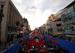 U.S. Air Force Air Demonstration Squadron "Thunderbirds" fly over during the premiere for the movie "Captain Marvel" in Los Angeles