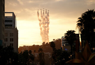 U.S. Air Force Air Demonstration Squadron "Thunderbirds" fly over during the premiere for the movie "Captain Marvel" in Los Angeles