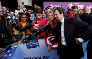 Cast member Mark Ruffalo poses with fans on the red carpet at the world premiere of the film "The Avengers: Endgame" in Los Angeles