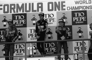 Senna Nigel Mansell Prost podium after Senna won the Spanish GP April 13, 1986 in Jerez de la Frontera.jpg