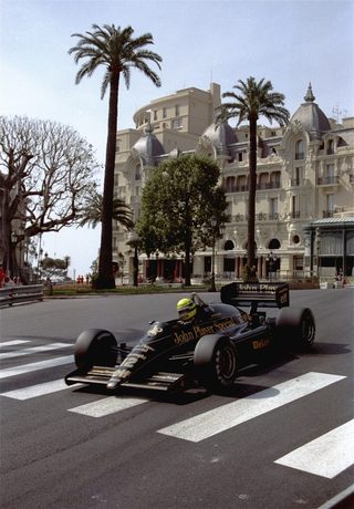 Senna drives his JPS-Lotus Formula One racing car near the Hotel de Paris during the first practice session of the 44th Monaco Grand Prix Thursday, May 8, 1986. Senna made the best time.jpg