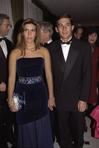 Senna holds the hand of his girlfriend Yanin Adriane at the awards dinner of the International Automobile Federation in Paris December 9, 1988.jpg
