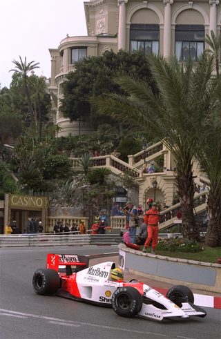 Senna steers his McLaren in front of the Loews Hotel May 12 1991 during warm-up of the Monaco GP Senna clocked the fastest QF time Take 56 pole.jpg