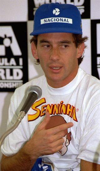 Senna gestures during a news conference Saturday, April 16, 1994 at the TI Circuit in Aida, Japan, as Senna kept pole position for the Formula One Pacific GP.jpg