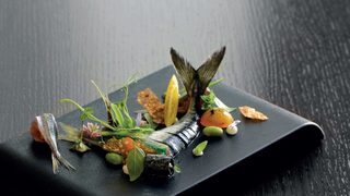 Черноморски сафрид и скумрия с пелмени, миди и водорасли