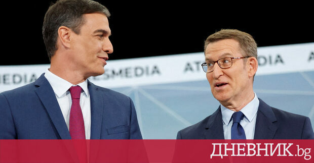 Испанският министър председател социалист Педро Санчес и Алберто Нунес Фейхоо лидер