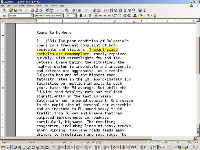 WikiLeaks: По българските пътища има дупки като трабанти