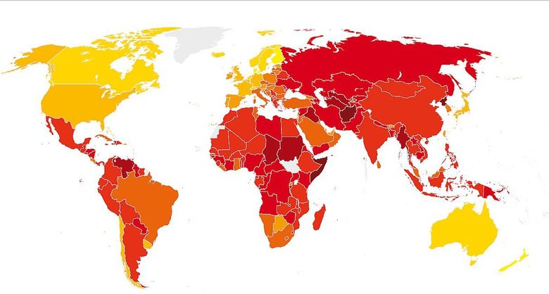 Състояние на индекса СРІ за 2012г. по света. Оцветяването в жълто илюстрира по-малко, а в червено - повече корупция в публичния сектор.