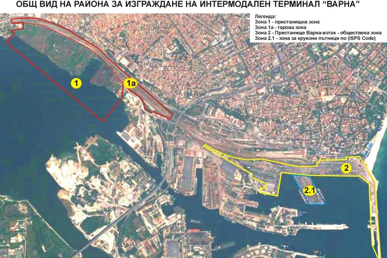 Схема на разположението на сегашното варненско пристанище (в жълто) и бъдещият интермодален терминал (в червено).