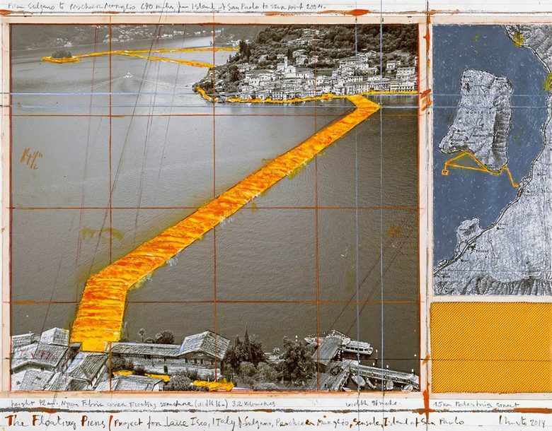 Христо, Плаващите кейове, рисунка, 2014, фотограф Андре Гросман © 2014 Christo Христо, Плаващите кейове, рисунка, 2014, фотограф Андре Гросман © 2014 Christo