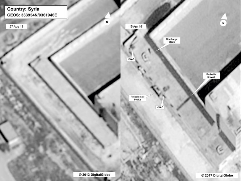 Снимка, предоставена от Държавния департамент на САЩ и DigitalGlobe, направена на през август 2013г., за сравнение къде е сградата в затвора край Дамаск, пригодена за крематориум.
