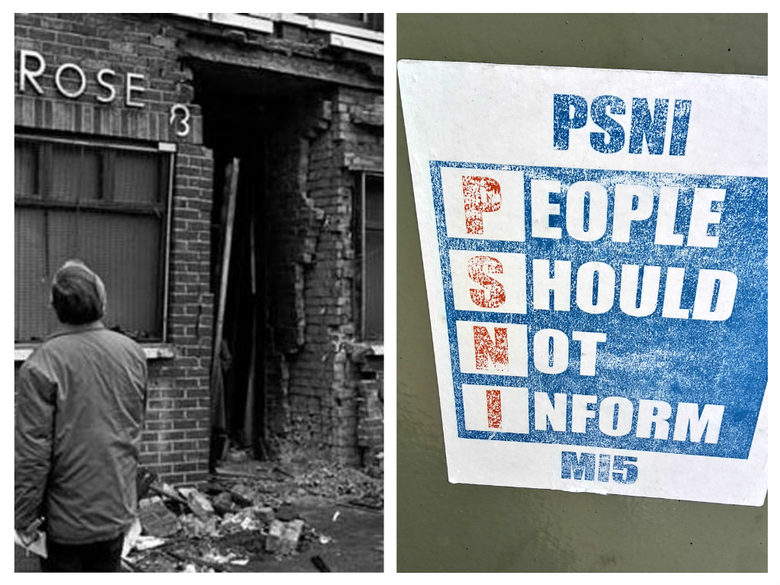 Фасадата на пъба Rose and Crown при взризването му от лоялисти през 1974 г. (Wikimedia Commoms) и PSNI: "Хората не бива да дават информация на MI5" - един от многото подобни стикери във "Фолс". Фасадата на пъба Rose and Crown при взризването му от лоялисти през 1974 г. (Wikimedia Commoms) и PSNI: "Хората не бива да дават информация на MI5" - един от многото подобни стикери във "Фолс".