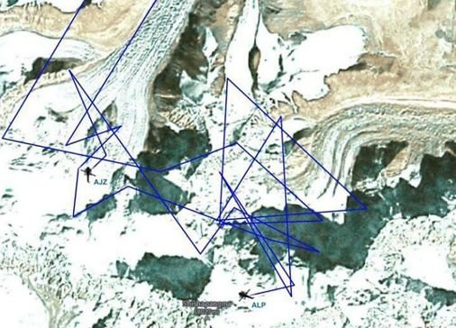 Трасетата, по които са преминали двата хеликоптера към 9 часа тази сутрин българско време. Данните са от сайта за проследяване на полети v2track.com и са разпространени от индийската медиа Dream Wanderlust, която има контакт с екипажите.