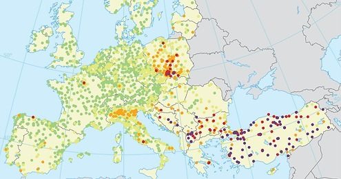 Годишна концентрация на PЧ10 за 2016. Не е обръщано специално внимание на ефекта от природни източници или от зимното осоляване на пътищата. Годишна концентрация на PЧ10 за 2016. Не е обръщано специално внимание на ефекта от природни източници или от зимното осоляване на пътищата.