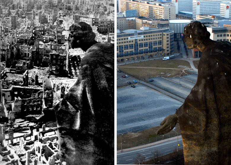 Статуя от фасадата на общината на Дрезден през 1945г. и през 2005 г.