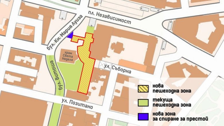 В жълто е зоната, която Борис Бонев предлага да стане пешеходна на площад "Св. Неделя".