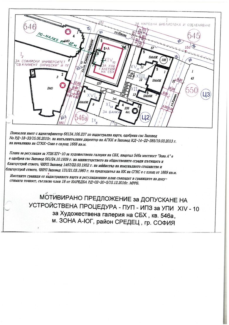 Скица на предложената промяна в плана. В червено е очертана надстройката на покрива на сградата на СБХ.