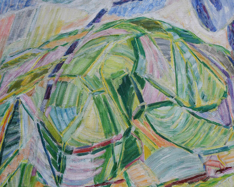К. Петров, Пейзаж от Комщица, Еленград, 1961, маслени бои. Колекция на СГХГ