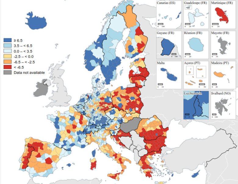  Населението през 2021 година, съпоставено с 2011 година (% промяна; райони NUTS 3). 