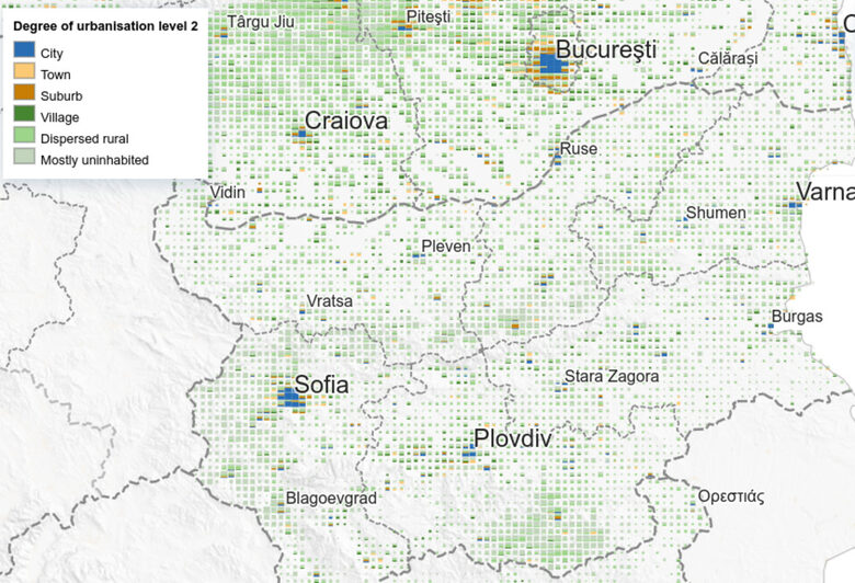  Степен на урбанизация (България; синьо - огромни градове; светло-зелено - най-вече необитаеми райони) 