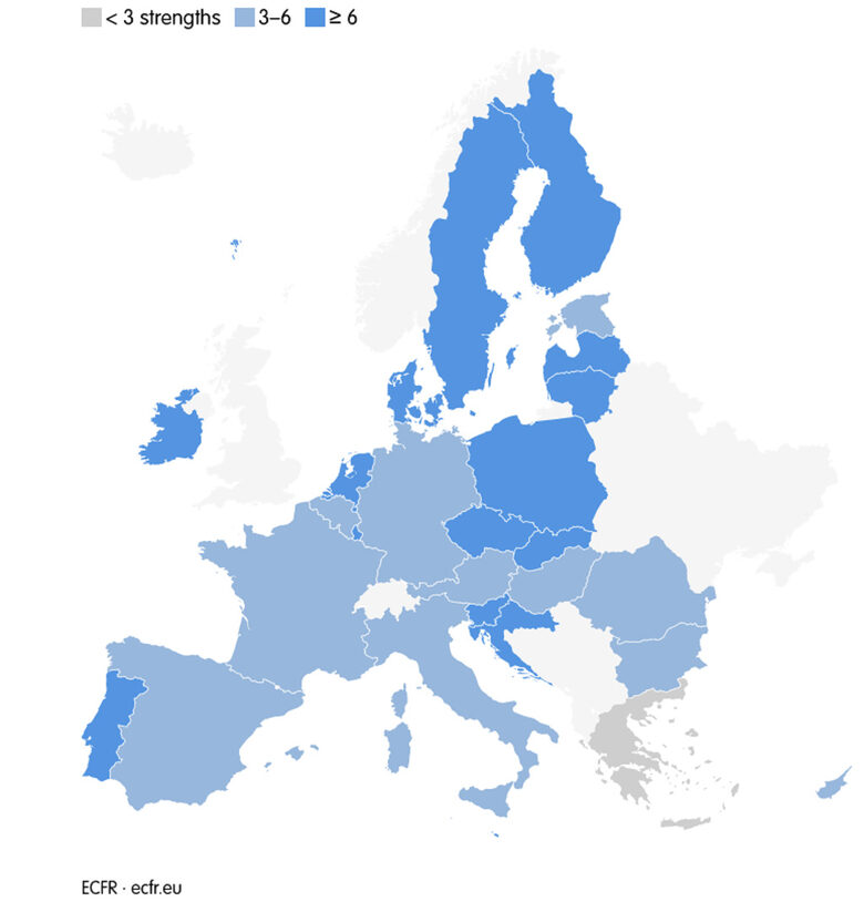  Сила на проевропейските настроения: в страни като България, Румъния, Унгария и Австрия те са 4 от 10-степенна канара. В Италия са още по-слаби – 3 от 10. Сравнително мощни са в Литва, Латвия и Нидерландия (7 от 10), а най-силни са в Дания (9 от 10). 