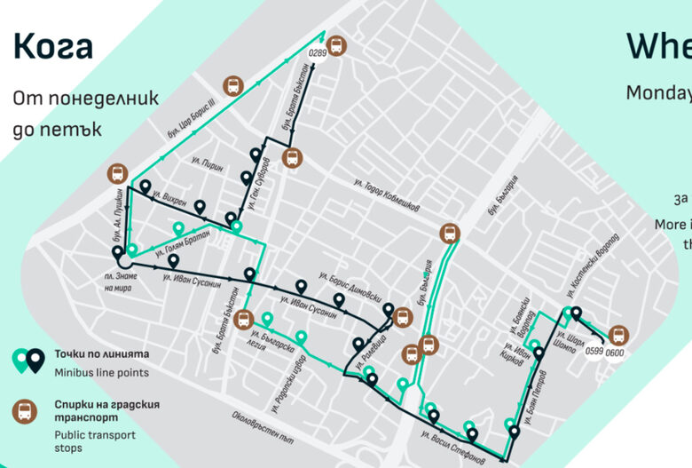  Маршрутът на линия Д1 - в зелено е в посока от 