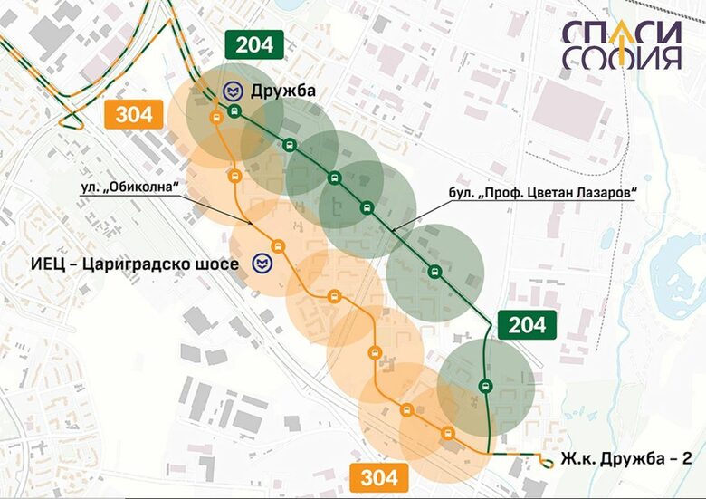  Предлаганата смяна в маршрута на рейс 304 - в жълто. 