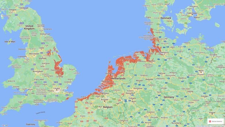 Но всичко, показано за България, е несравнимо с прогнозите за частите от Франция, Белгия, Нидерландия, Дания и Великобритания. Градове като Амстердам, Ротердам, Хага може да се окажат потопени или обкръжени от морските води, а Кеймбридж да е на морския бряг.