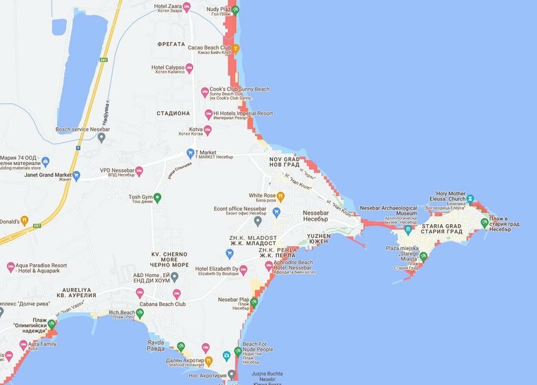 През 2030 г. ще бъде засегнат (зоните в червено) не само Старият, но и Новият град на Несебър.