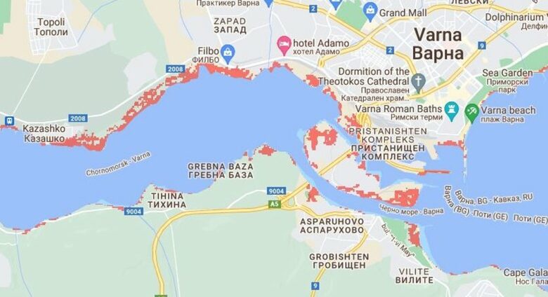Застрашените да останат при прилив под водата райони на Варна през 2030 г. и...