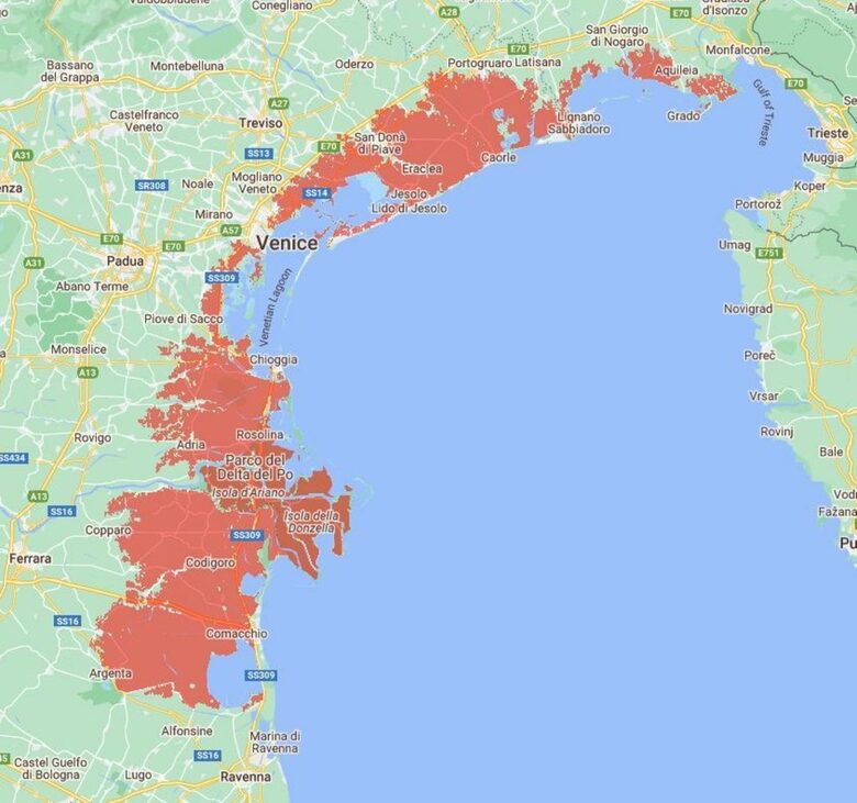 В Италия почти от Равена на север и изток до границата със Словения е застрашено от морски наводнения към 2030г.